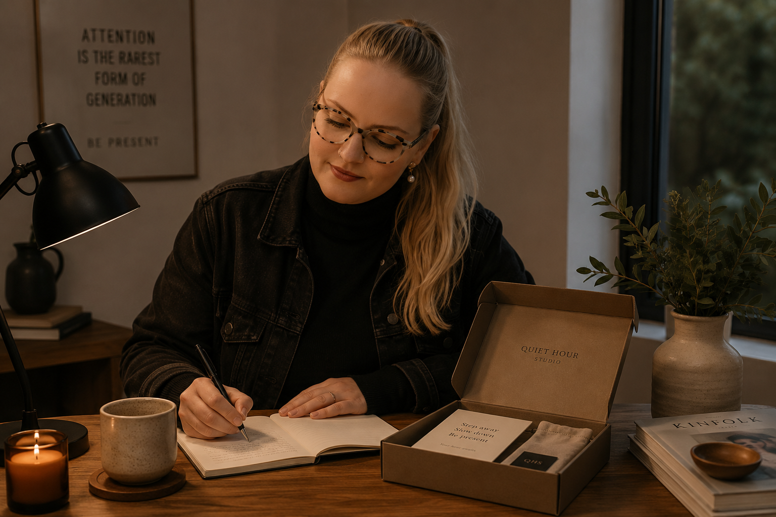 a young woman journaling with a coffret open